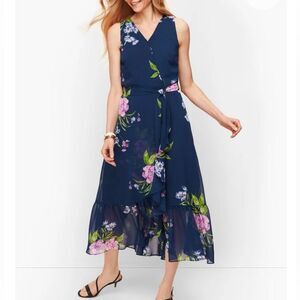 Talbots Navy Floral Georgette Faux Wrap Dress